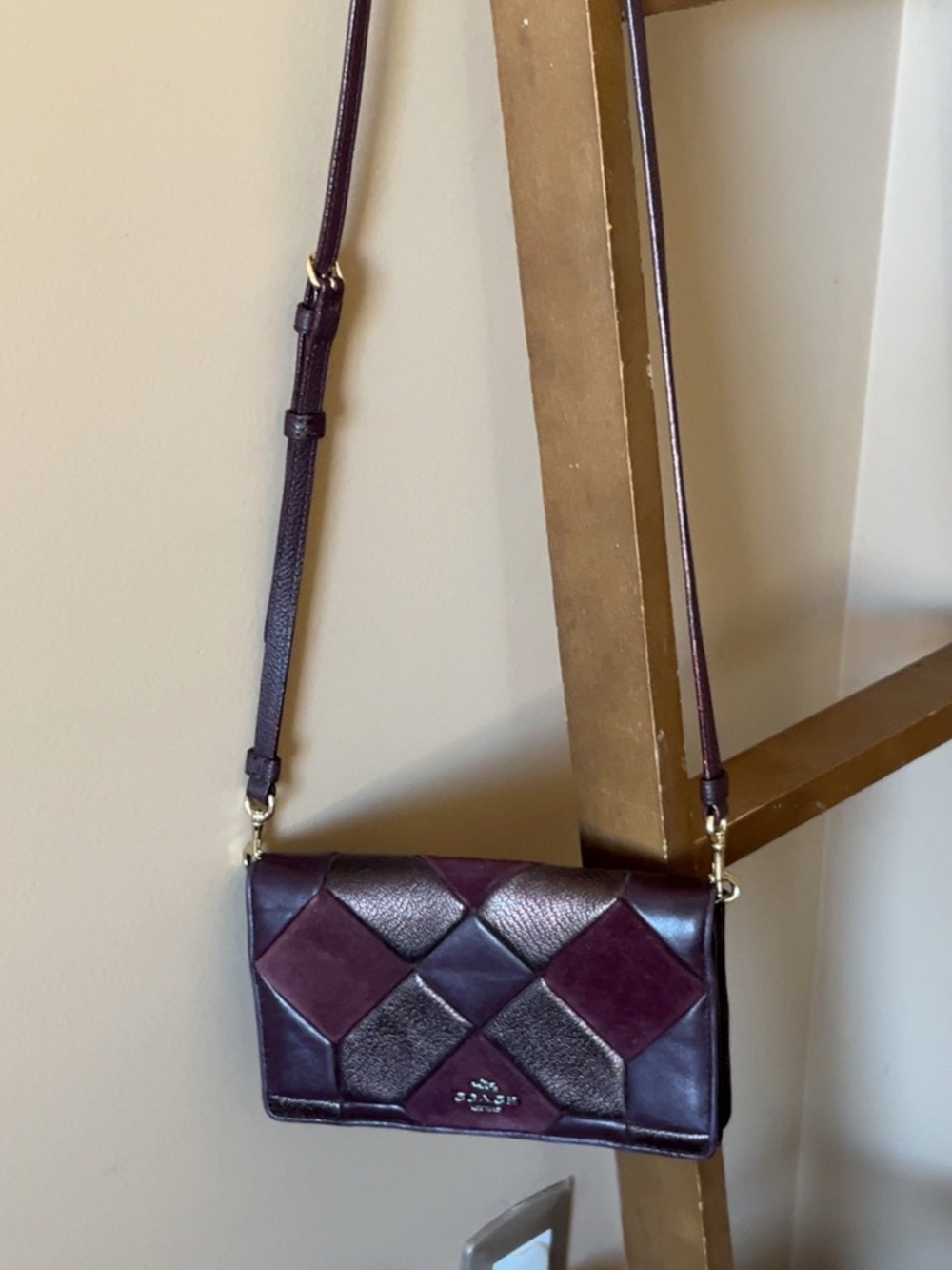 Coach Plum Patchwork Diamond Flap Crossbody in Deep Purple and Wine